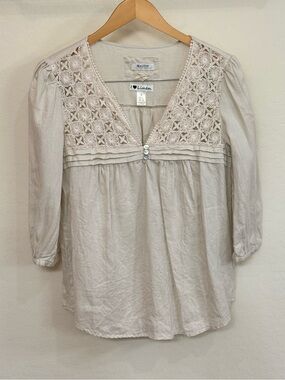 Malvin Hamburg Germany "I Love Linen" Crochet Lace Boho Coastal Blouse Sz Small